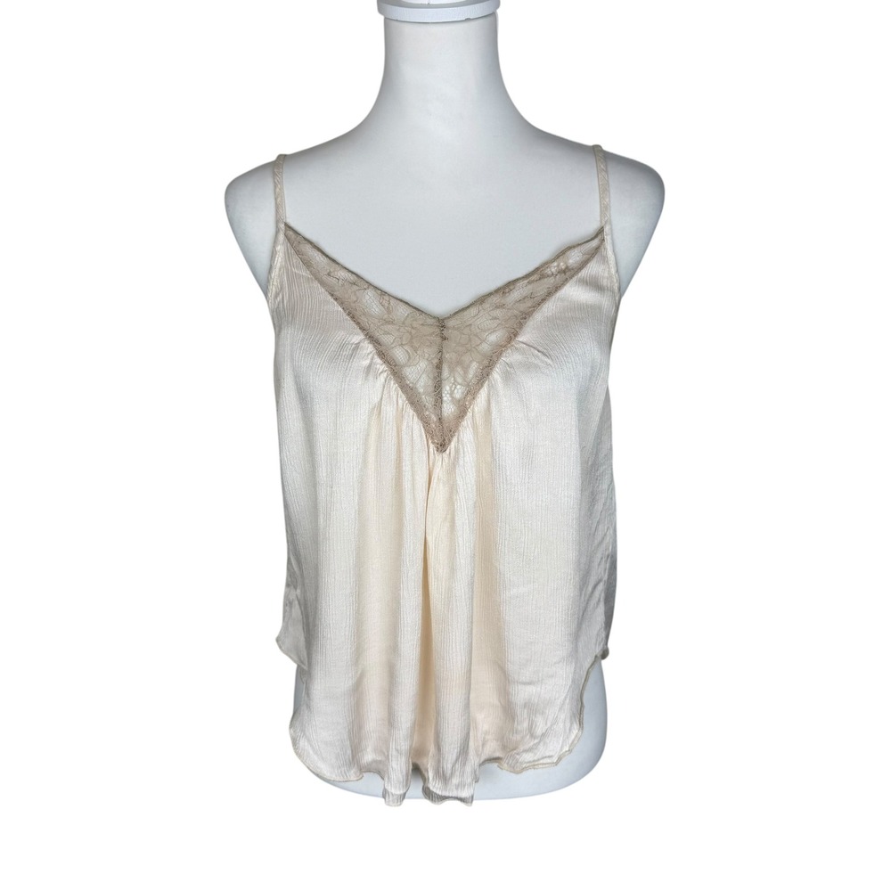 American Eagle Outfitters Women Cream‎ Lace Trim Crinkle V Neck Cami Top Small